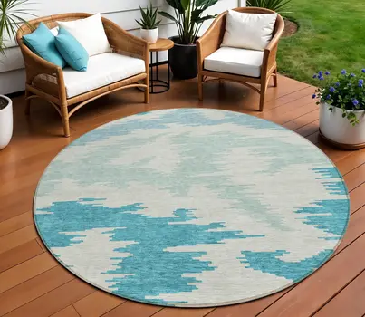 8' Teal Blue Aqua And Ivory Round Abstract Washable Indoor Outdoor Area Rug