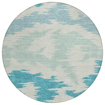 8' Teal Blue Aqua And Ivory Round Abstract Washable Indoor Outdoor Area Rug