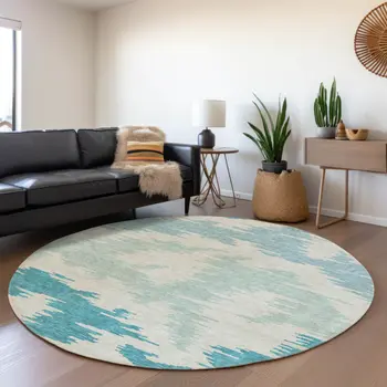 8' Teal Blue Aqua And Ivory Round Abstract Washable Indoor Outdoor Area Rug