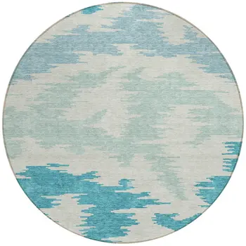 8' Teal Blue Aqua And Ivory Round Abstract Washable Indoor Outdoor Area Rug