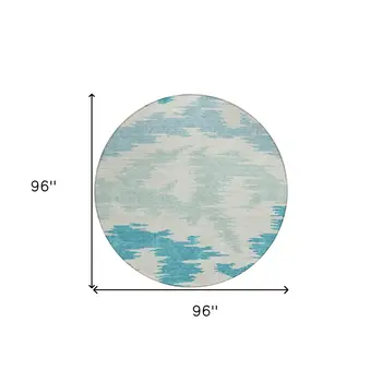 8' Teal Blue Aqua And Ivory Round Abstract Washable Indoor Outdoor Area Rug