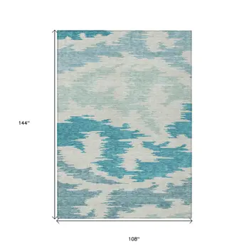 9' X 12' Teal Blue Aqua And Ivory Abstract Washable Indoor Outdoor Area Rug