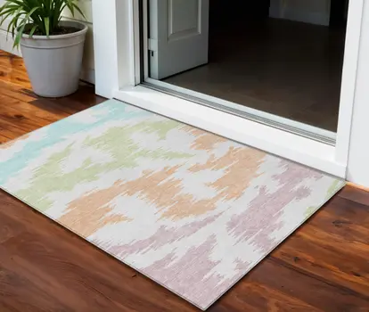 3' X 5' White Sky Blue And Artichoke Green Abstract Washable Indoor Outdoor Area Rug