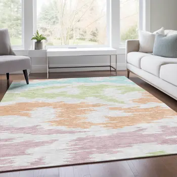 3' X 5' White Sky Blue And Artichoke Green Abstract Washable Indoor Outdoor Area Rug