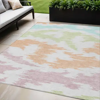 5' X 8' White Sky Blue And Artichoke Green Abstract Washable Indoor Outdoor Area Rug