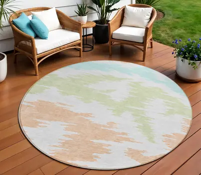 8' White Sky Blue And Artichoke Green Round Abstract Washable Indoor Outdoor Area Rug