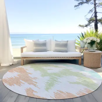 8' White Sky Blue And Artichoke Green Round Abstract Washable Indoor Outdoor Area Rug