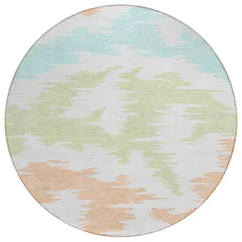 8' White Sky Blue And Artichoke Green Round Abstract Washable Indoor Outdoor Area Rug