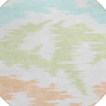 8' White Sky Blue And Artichoke Green Round Abstract Washable Indoor Outdoor Area Rug