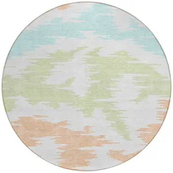 8' White Sky Blue And Artichoke Green Round Abstract Washable Indoor Outdoor Area Rug