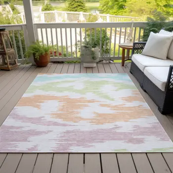 9' X 12' White Sky Blue And Artichoke Green Abstract Washable Indoor Outdoor Area Rug