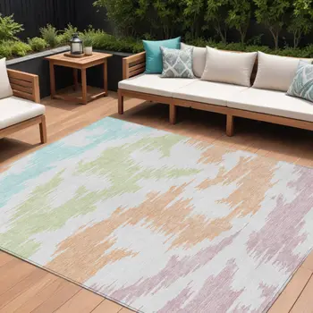 10' X 14' White Sky Blue And Artichoke Green Abstract Washable Indoor Outdoor Area Rug