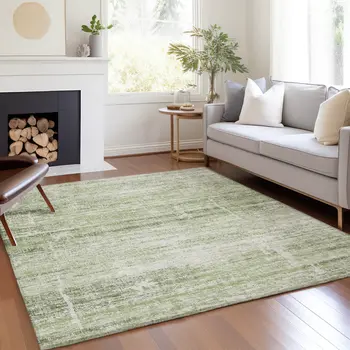 3' X 5' Artichoke Green And Ivory Abstract Washable Indoor Outdoor Area Rug