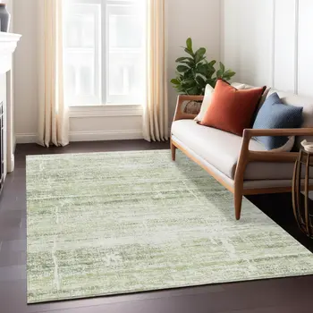 3' X 5' Artichoke Green And Ivory Abstract Washable Indoor Outdoor Area Rug