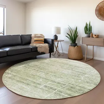 8' Artichoke Green And Ivory Round Abstract Washable Indoor Outdoor Area Rug