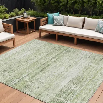 10' X 14' Artichoke Green And Ivory Abstract Washable Indoor Outdoor Area Rug