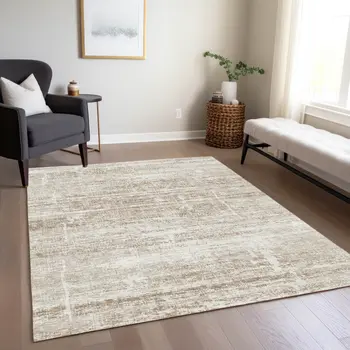 3' X 5' Beige Taupe And Ivory Abstract Washable Indoor Outdoor Area Rug