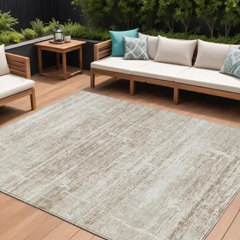 10' X 14' Beige Taupe And Ivory Abstract Washable Indoor Outdoor Area Rug