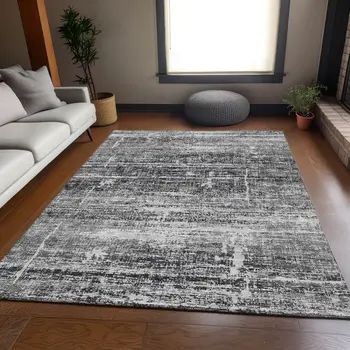 3' X 5' Black Gray And Charcoal Abstract Washable Indoor Outdoor Area Rug