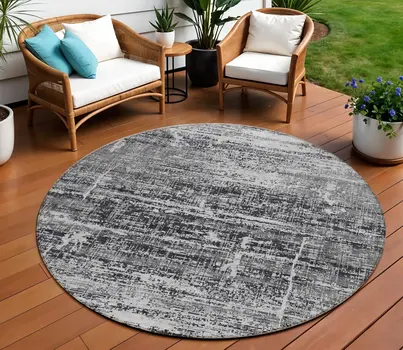 8' Black Gray And Charcoal Round Abstract Washable Indoor Outdoor Area Rug