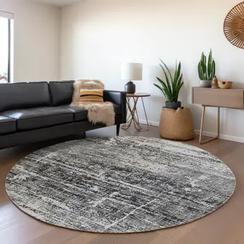 8' Black Gray And Charcoal Round Abstract Washable Indoor Outdoor Area Rug