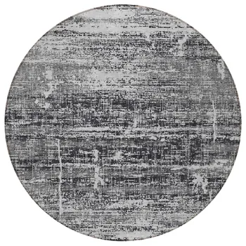 8' Black Gray And Charcoal Round Abstract Washable Indoor Outdoor Area Rug