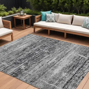 8' X 10' Black Gray And Charcoal Abstract Washable Indoor Outdoor Area Rug