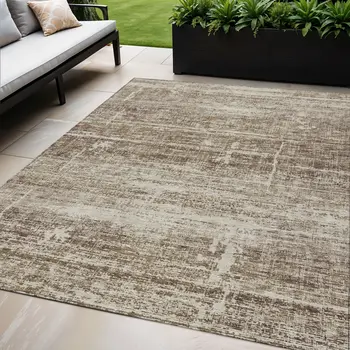 5' X 8' Brown Beige And Taupe Abstract Washable Indoor Outdoor Area Rug