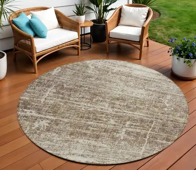 8' Brown Beige And Taupe Round Abstract Washable Indoor Outdoor Area Rug