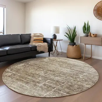 8' Brown Beige And Taupe Round Abstract Washable Indoor Outdoor Area Rug