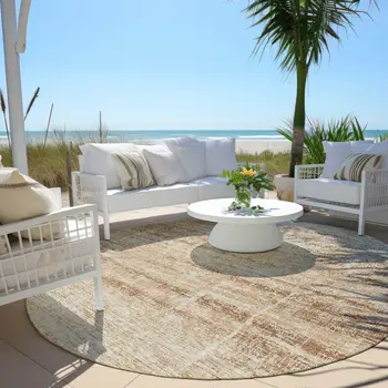 8' Copper Beige And Taupe Round Abstract Washable Indoor Outdoor Area Rug
