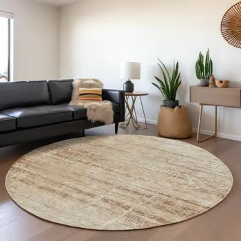 8' Copper Beige And Taupe Round Abstract Washable Indoor Outdoor Area Rug