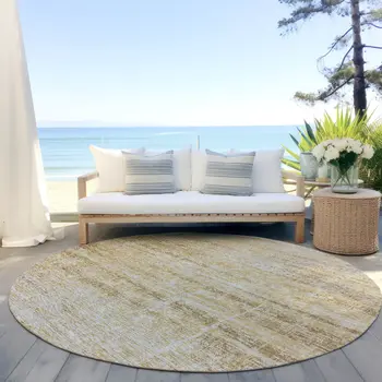 8' Gold Beige And Wheat Round Abstract Washable Indoor Outdoor Area Rug