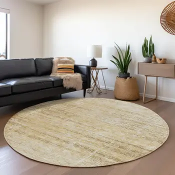 8' Gold Beige And Wheat Round Abstract Washable Indoor Outdoor Area Rug