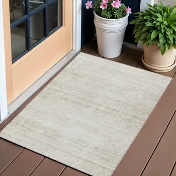 3' X 5' Ivory Beige And Tan Abstract Washable Indoor Outdoor Area Rug