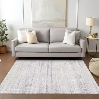 3' X 5' Lavender Purple And Ivory Abstract Washable Indoor Outdoor Area Rug