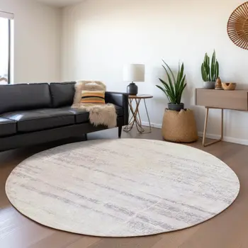 8' Lavender Purple And Ivory Round Abstract Washable Indoor Outdoor Area Rug