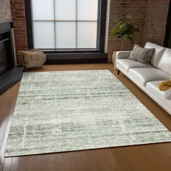 3' X 5' Sage Artichoke Green And Ivory Abstract Washable Indoor Outdoor Area Rug