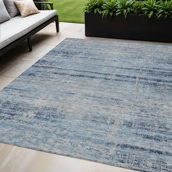 5' X 8' Sky Blue And Navy Blue Abstract Washable Indoor Outdoor Area Rug