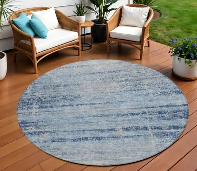 8' Sky Blue And Navy Blue Round Abstract Washable Indoor Outdoor Area Rug