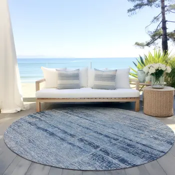 8' Sky Blue And Navy Blue Round Abstract Washable Indoor Outdoor Area Rug