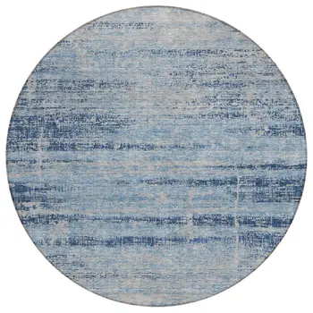 8' Sky Blue And Navy Blue Round Abstract Washable Indoor Outdoor Area Rug