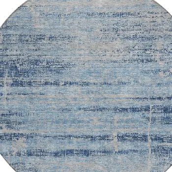 8' Sky Blue And Navy Blue Round Abstract Washable Indoor Outdoor Area Rug