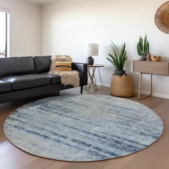 8' Sky Blue And Navy Blue Round Abstract Washable Indoor Outdoor Area Rug