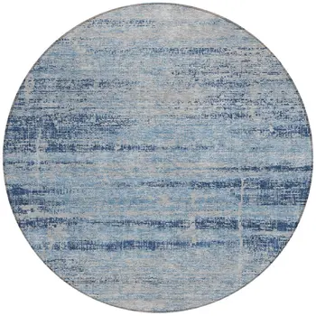 8' Sky Blue And Navy Blue Round Abstract Washable Indoor Outdoor Area Rug