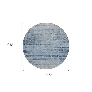 8' Sky Blue And Navy Blue Round Abstract Washable Indoor Outdoor Area Rug