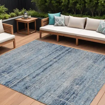 10' X 14' Sky Blue And Navy Blue Abstract Washable Indoor Outdoor Area Rug
