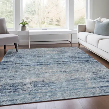 10' X 14' Sky Blue And Navy Blue Abstract Washable Indoor Outdoor Area Rug