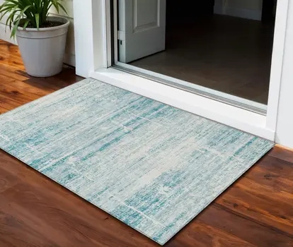 3' X 5' Teal Blue Aqua And Ivory Abstract Washable Indoor Outdoor Area Rug