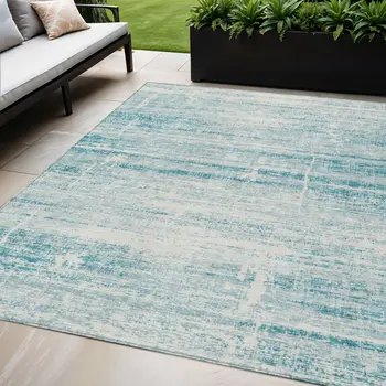 5' X 8' Teal Blue Aqua And Ivory Abstract Washable Indoor Outdoor Area Rug